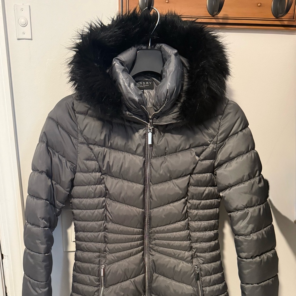 Laundry By Shelli Segal Charcoal Puffer Jacket with Faux Fur Trim